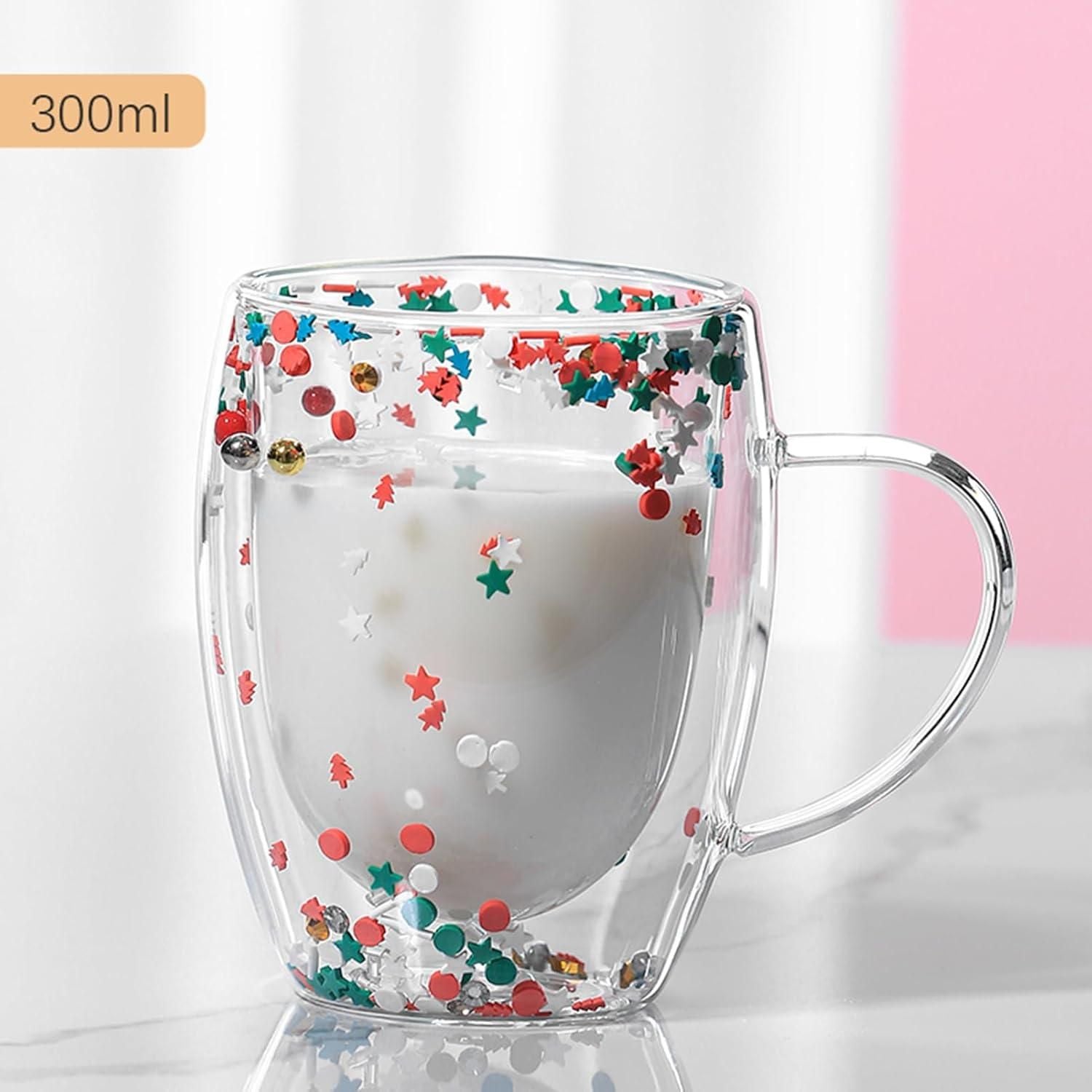 Double Walled Glass Mugs, 350ml Double Walled Star Coffee Mug, Insulated Floral Glass Mug